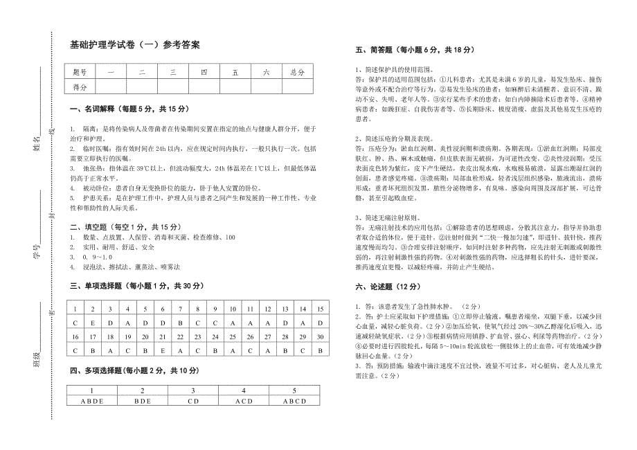 基础护理学试题卷（1）－杜利，季诚_第5页