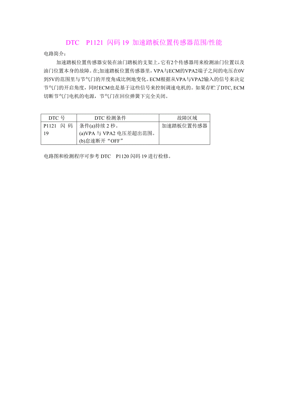 中文凯美瑞发动机维修资料－加速踏板位置传感器范围性能故障　P1121闪码19_第1页