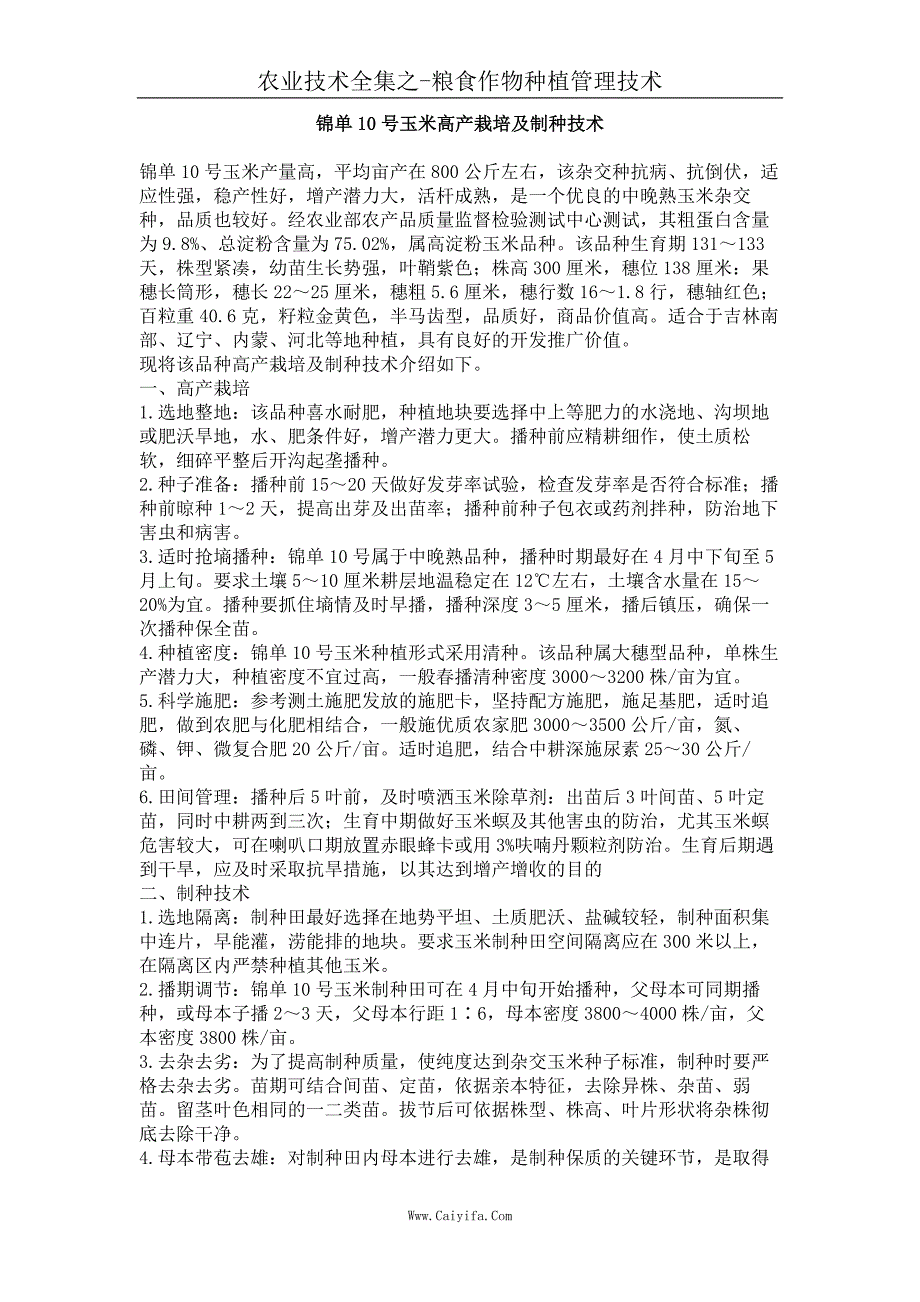 锦单10号玉米高产栽培及制种技术_第1页