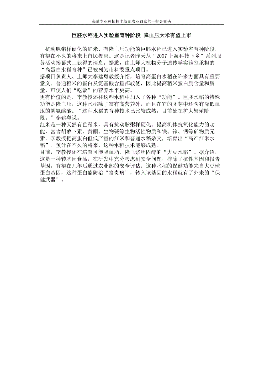 巨胚水稻进入实验室育种阶段 降血压大米有望上市_第1页