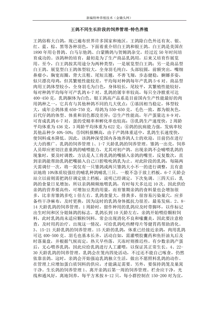 王鸽不同生长阶段的饲养管理-特色养殖_第1页