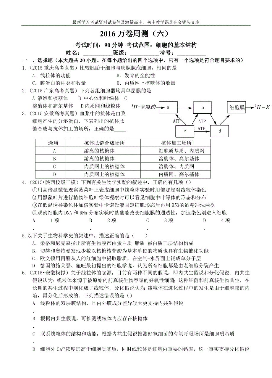 高考生物周测卷（06）细胞的基本结构（含答案）_第1页