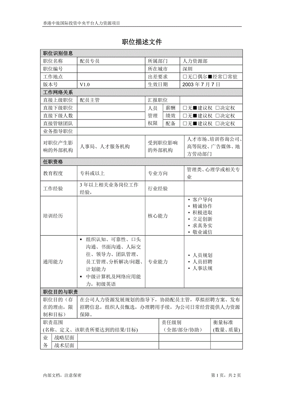 配员专员－凯捷-香港中旅国际投资_第1页