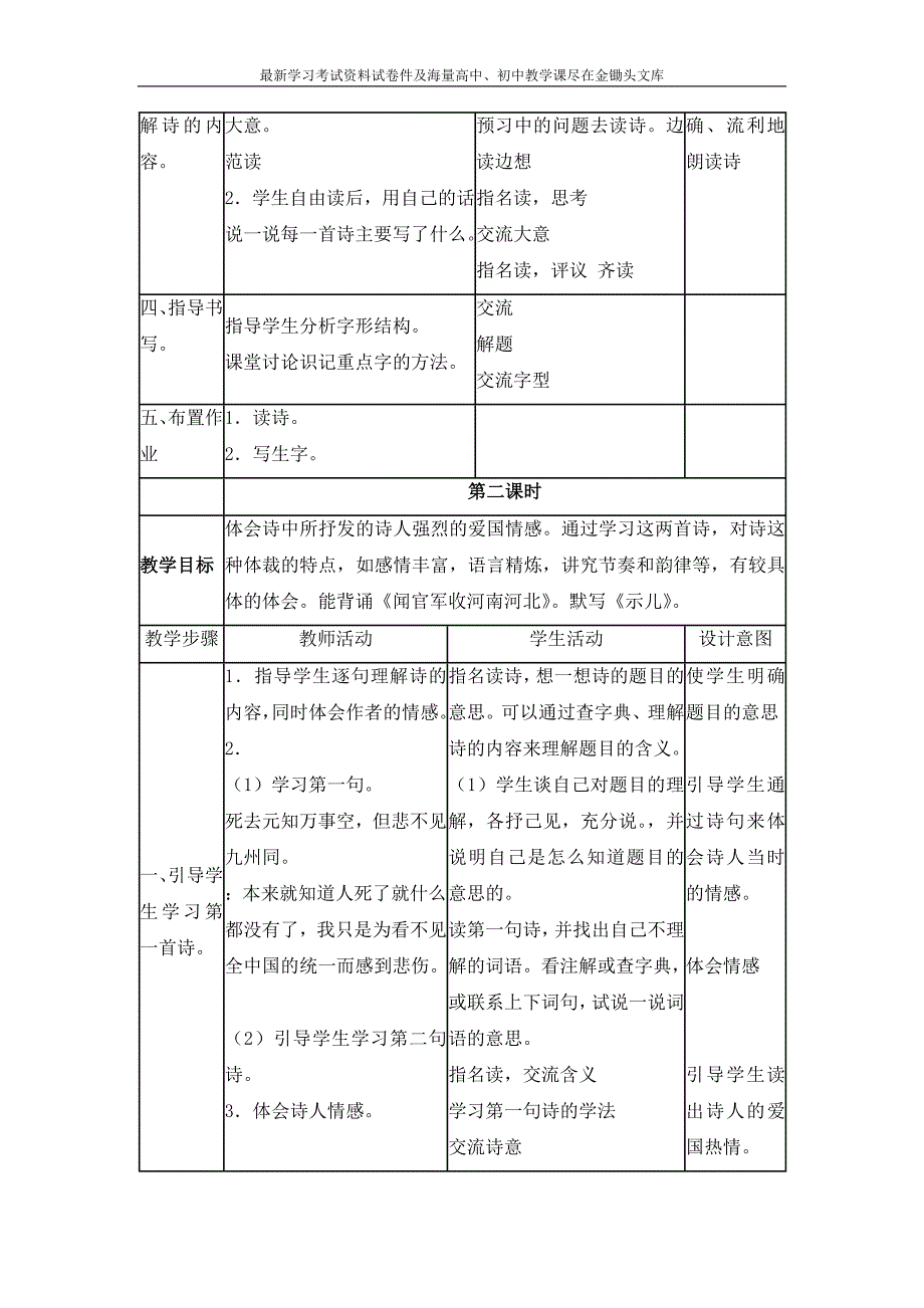 苏教版六年级上册《古诗两首》表格式教学设计_第2页