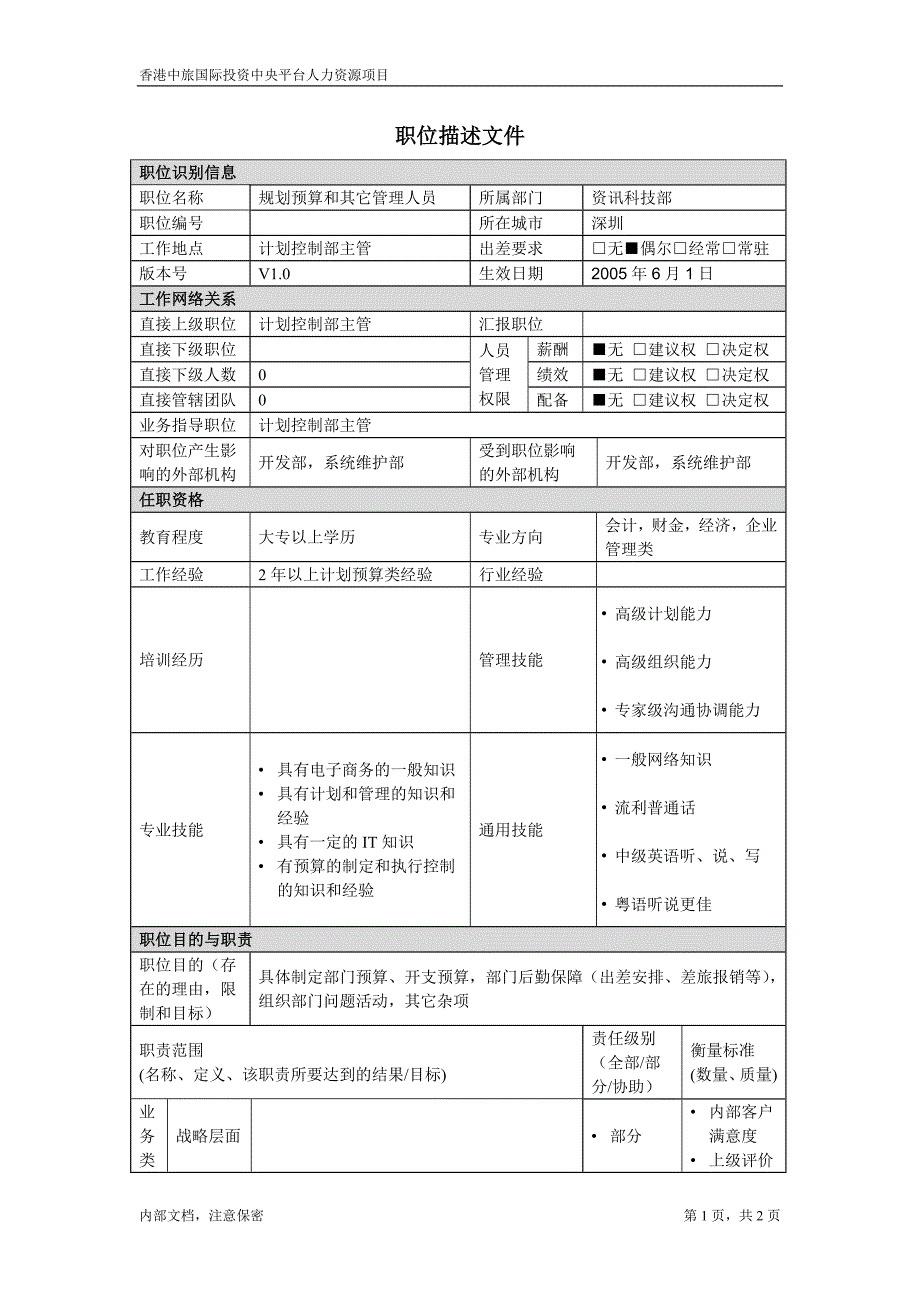 凯捷-香港投资－职位描述文件-规划预算和其它管理人员()_第1页