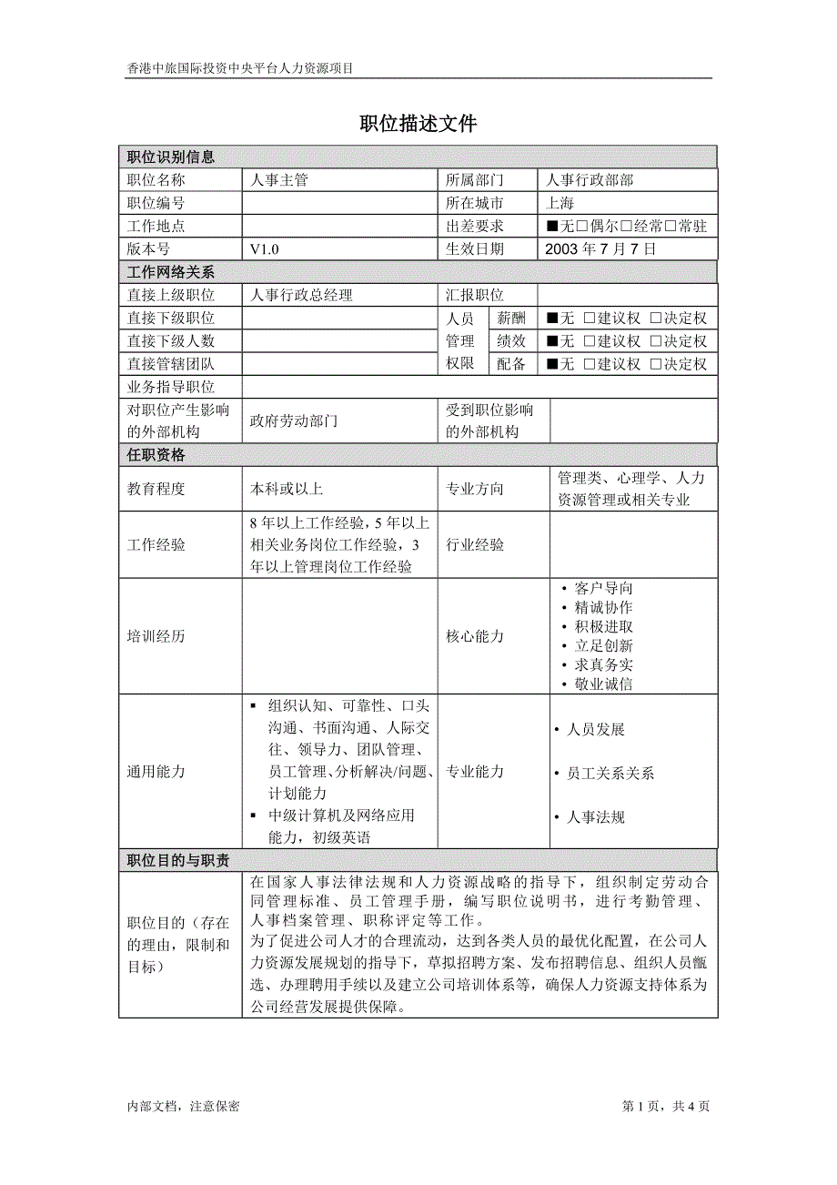 华东公司人事主管－凯捷-香港中旅国际投资_第1页