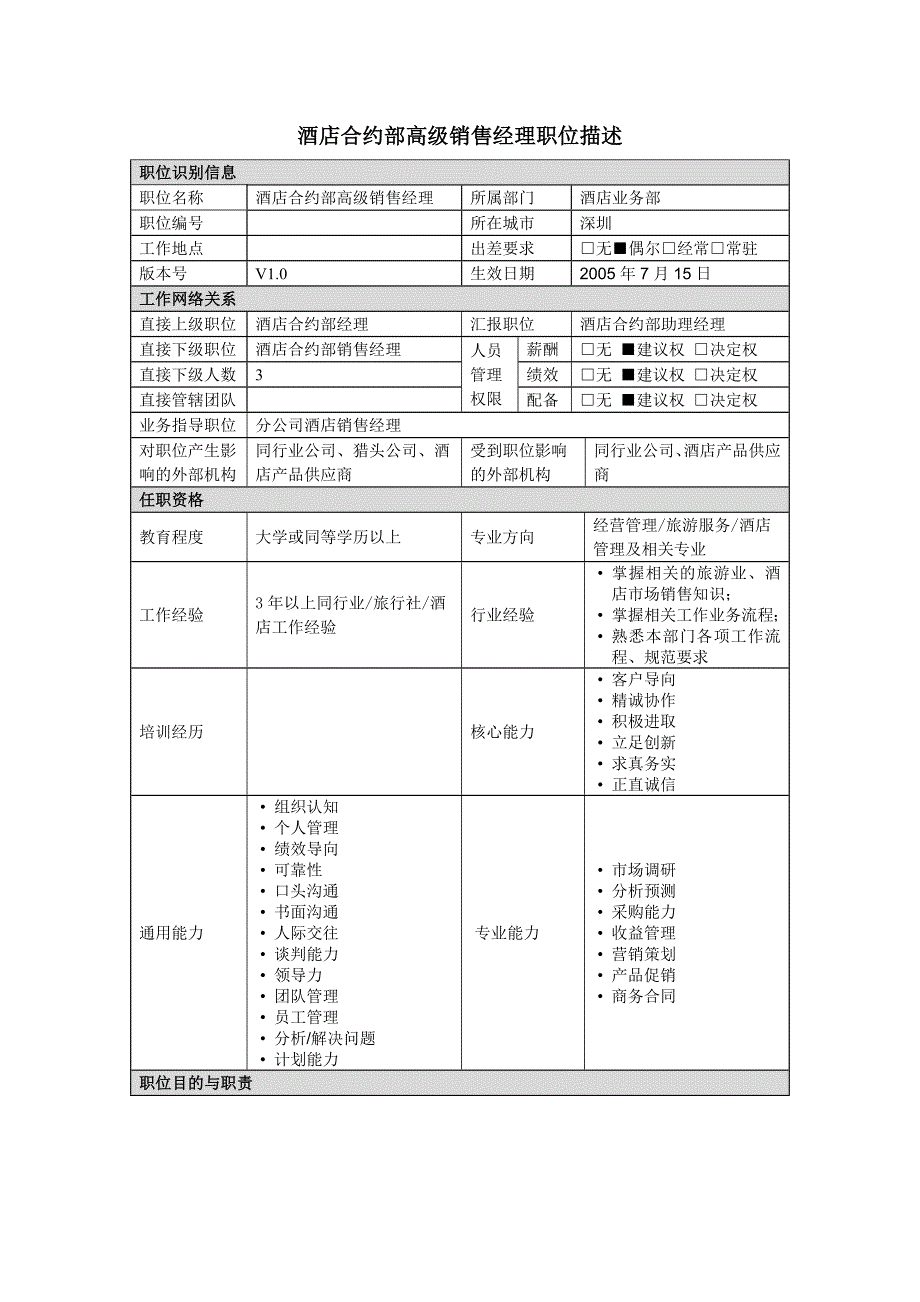 酒店合约部高级销售经理职位描述－凯捷-香港中旅国际投资_第1页