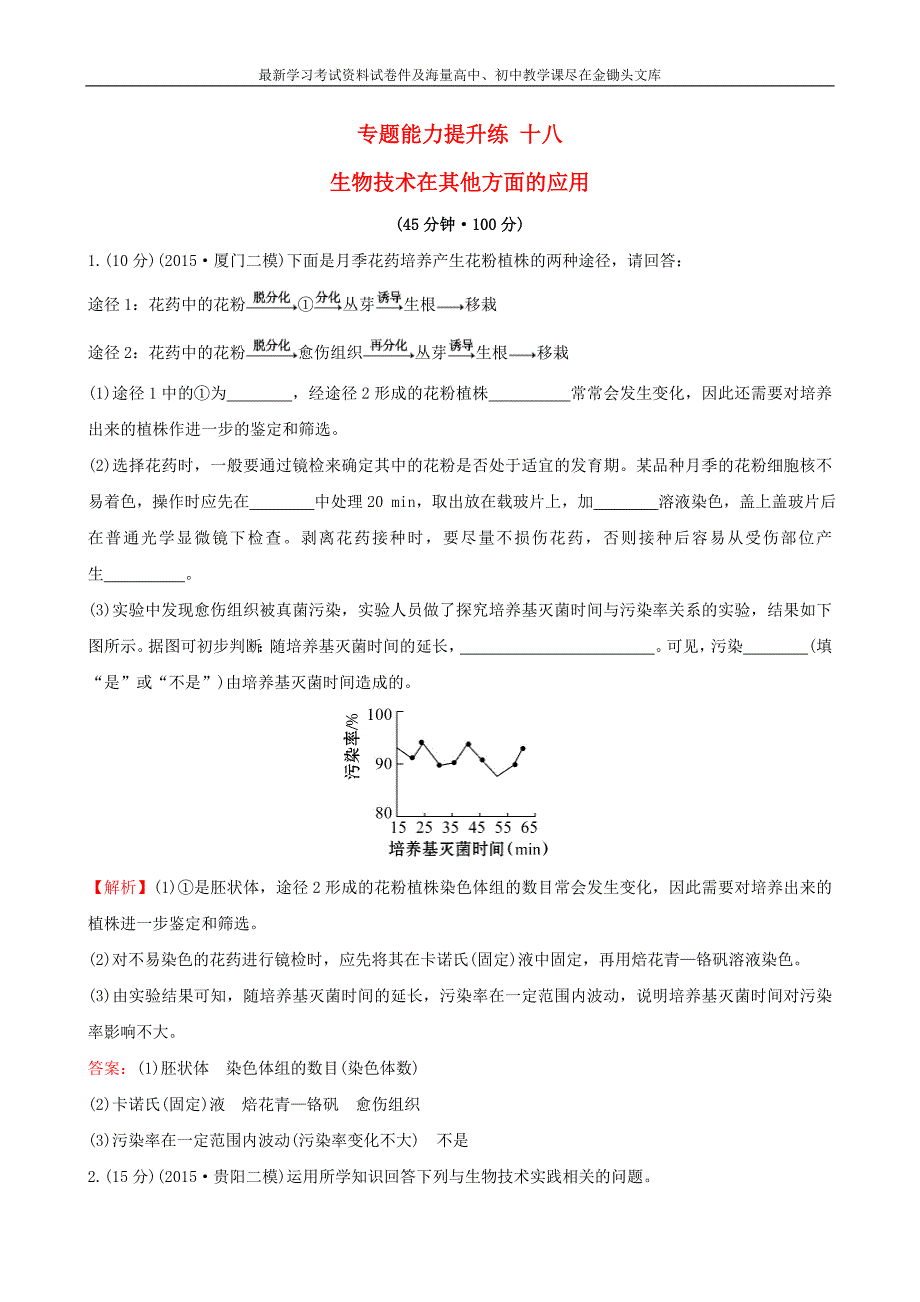 2016届高考生物二轮复习 专题能力提升练18 生物技术在其他方面的应用_第1页