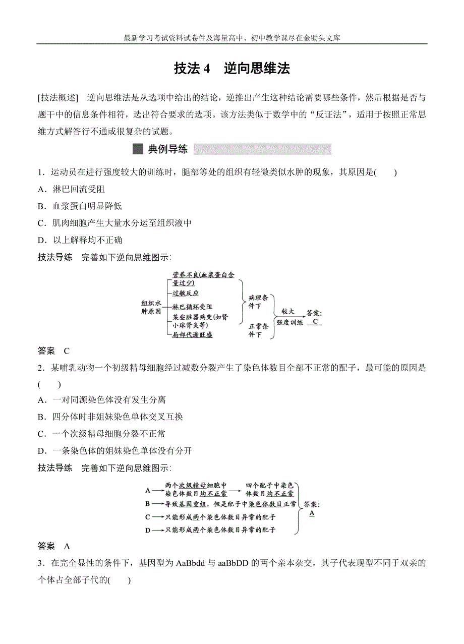 高考生物考前三个月 解题技法4-逆向思维法（含答案）_第1页