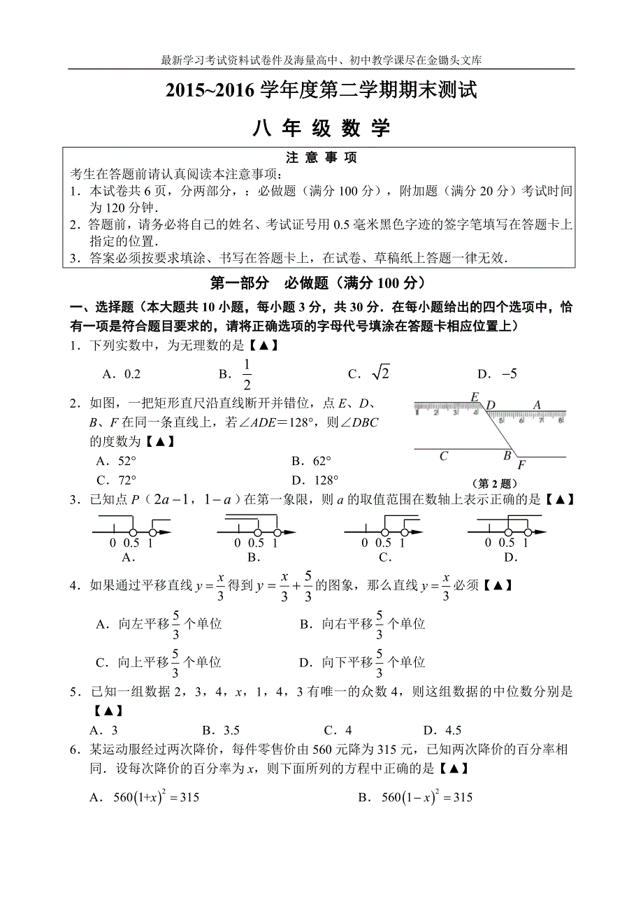 （苏科版）2015-2016学年度八年级下期末考试数学试卷及答案_第1页