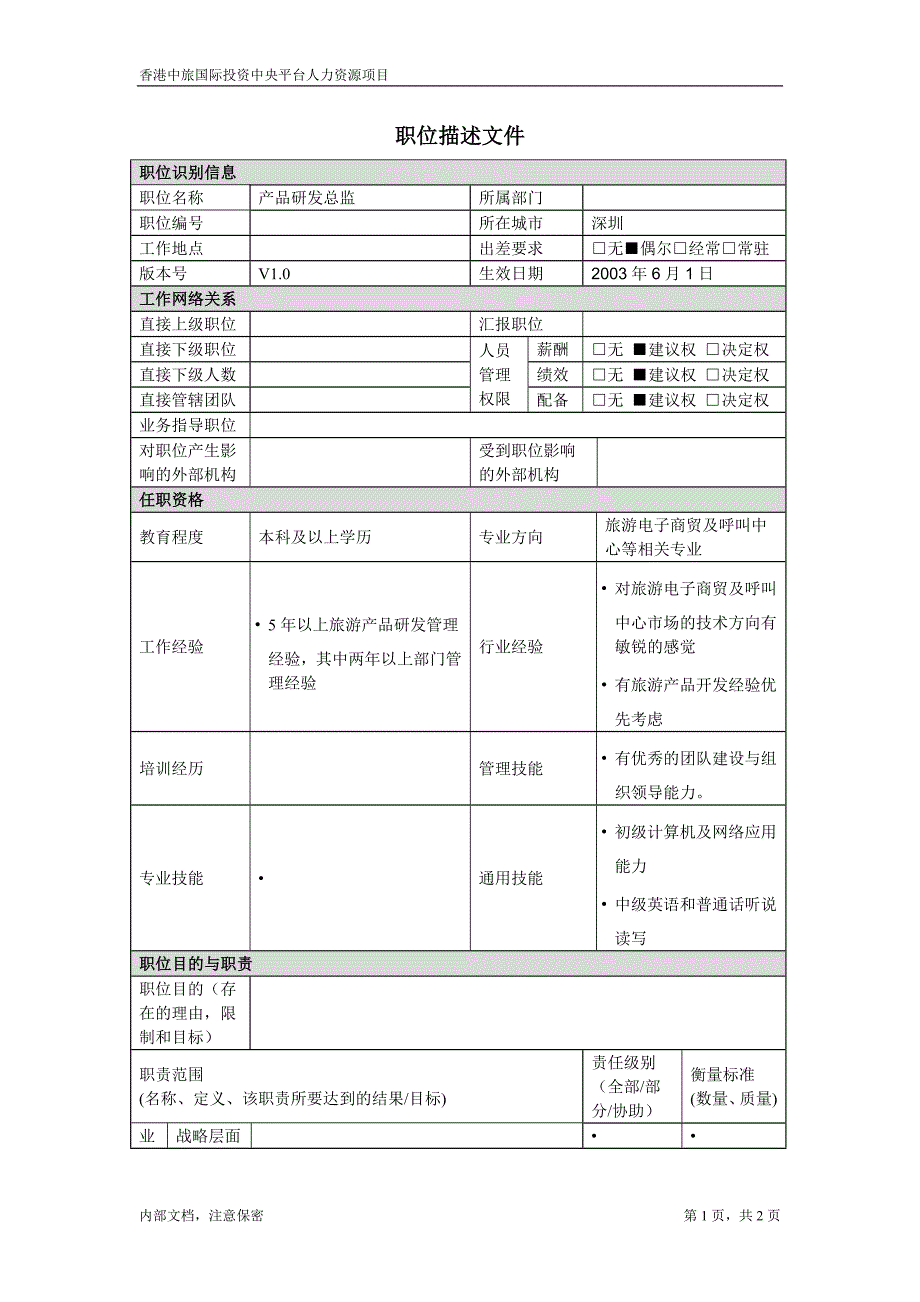 凯捷-香港投资－职位描述－产品研发总监_第1页