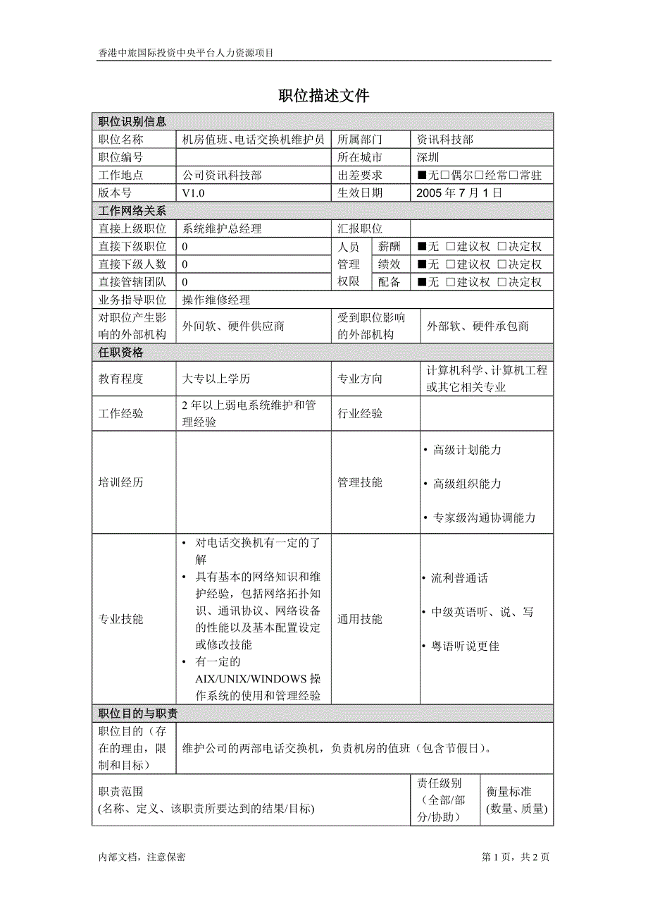 凯捷-香港投资－职位描述文件-电话交换机机房值班员()_第1页