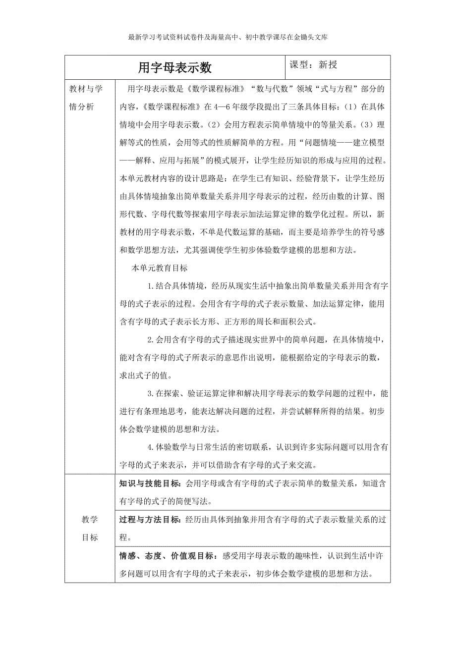 冀教版四年级数学下册全册表格式教案01_第5页