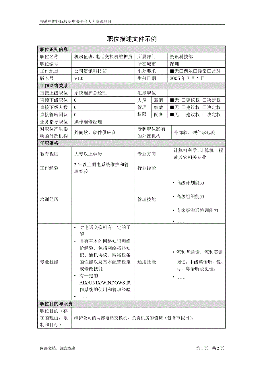 凯捷-香港投资－职位描述文件-电话交换机机房值班员_第1页