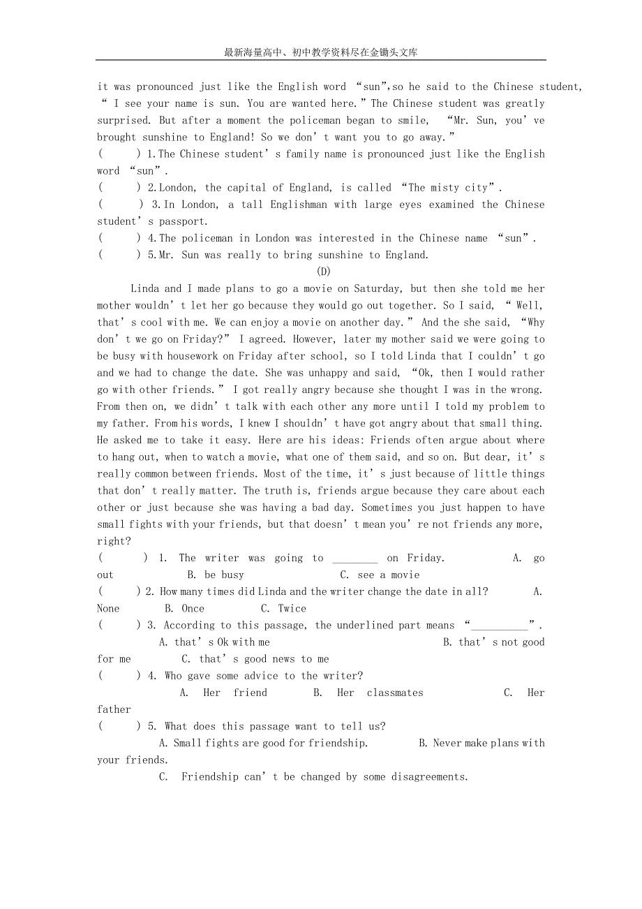 （教科版）五四制七年级英语上学期 Unit 1阅读理解专项练习（含答案）_第3页