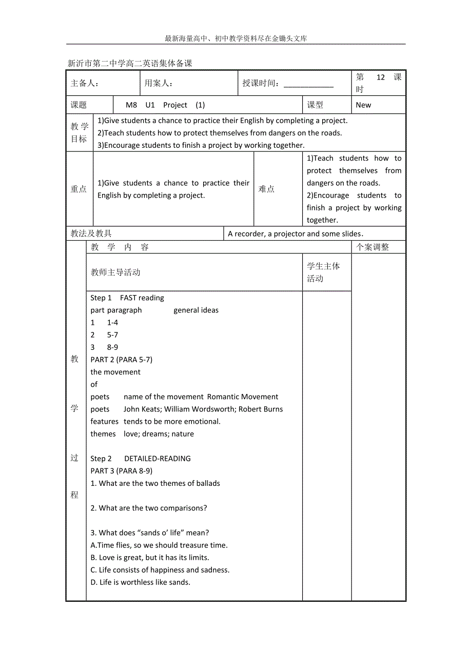 （牛津译林版）高二选修8英语 Unit 1 Project  教案设计_第1页