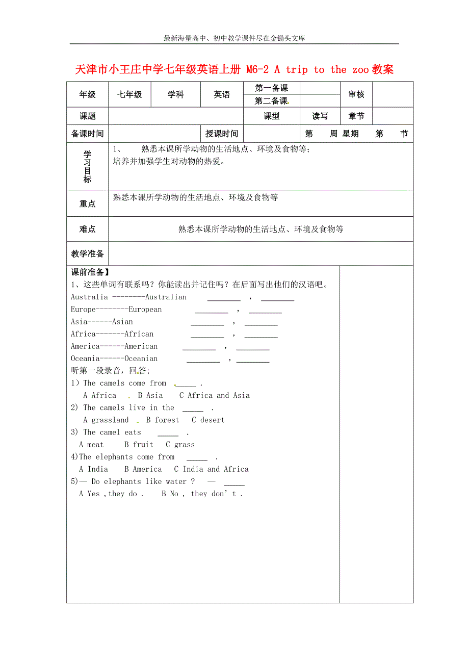 七年级英语上册 M6-2 A trip to the zoo教案 （新版）外研版_第1页