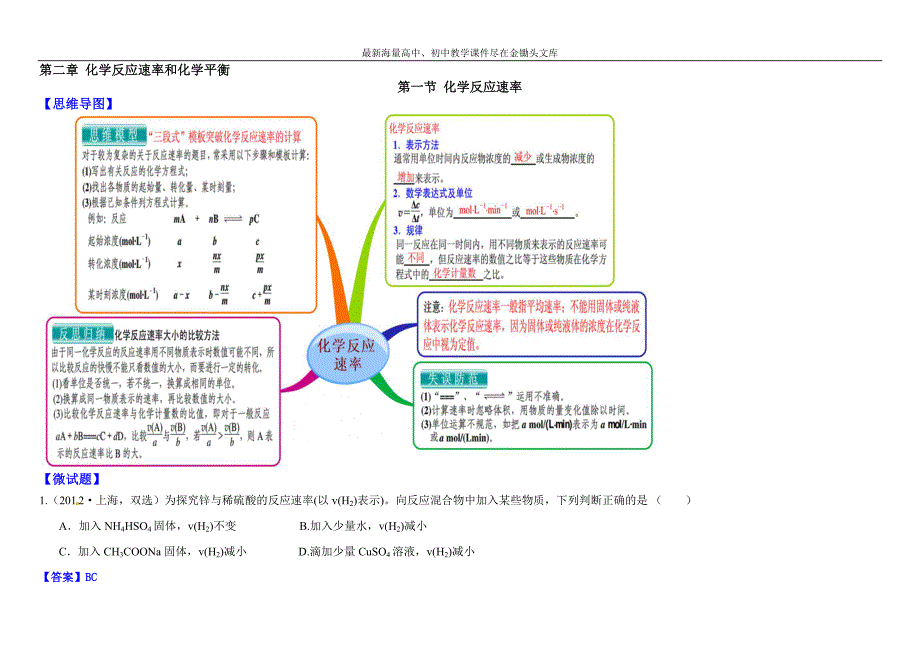 （人教版）化学选修 思维导图 2-1化学反应速率（含答案）_第1页