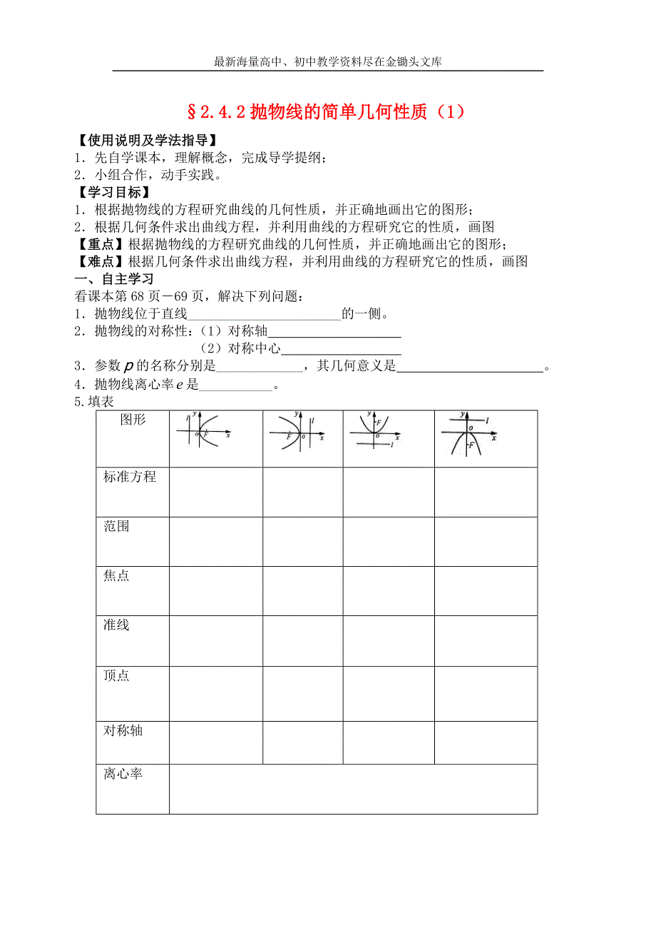 高中数学 2.4.2抛物线的简单几何性质（1）导学案新人教A版选修2-1_第1页