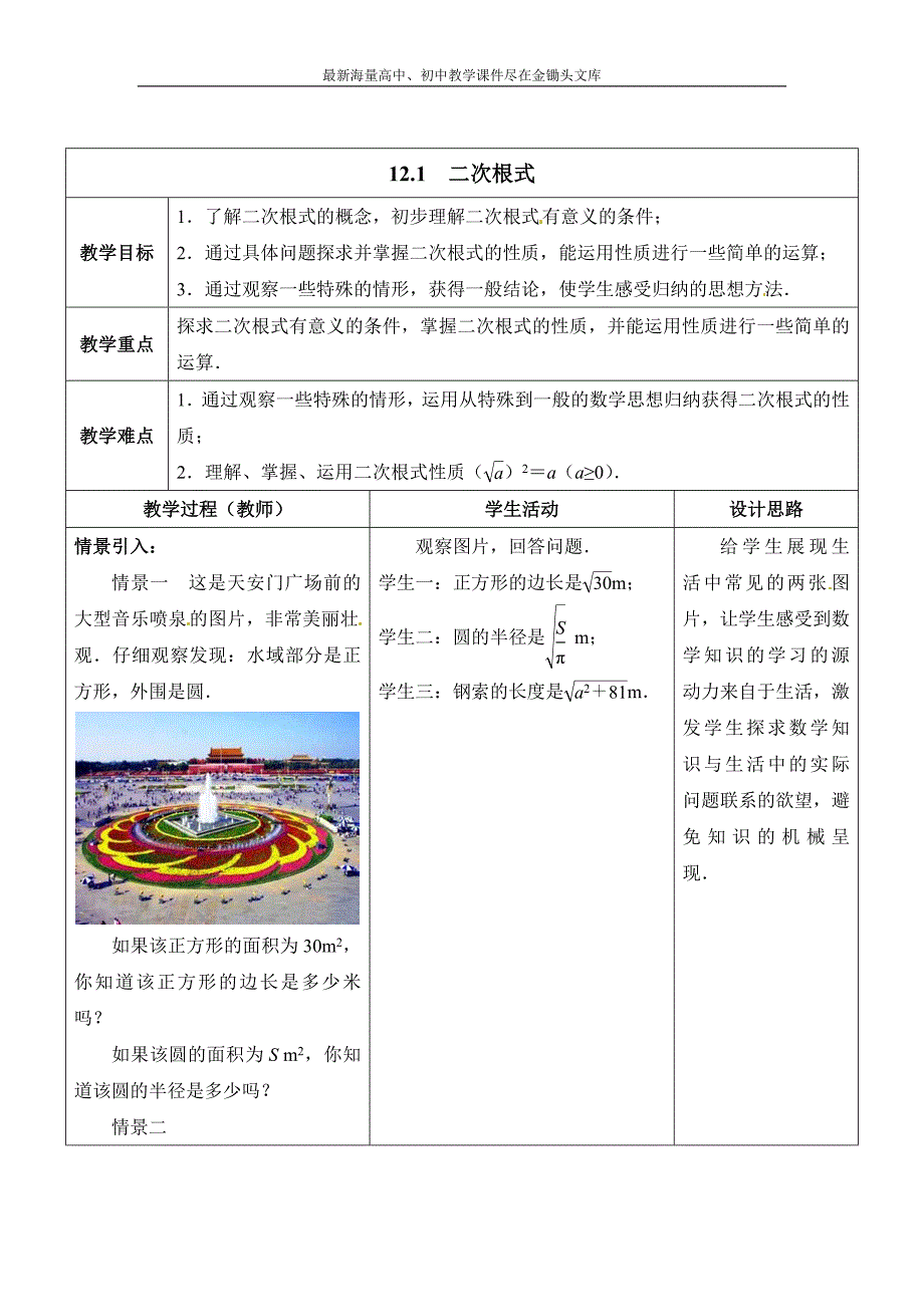 苏科版 八下数学 12.1《二次根式（1）》教案_第1页