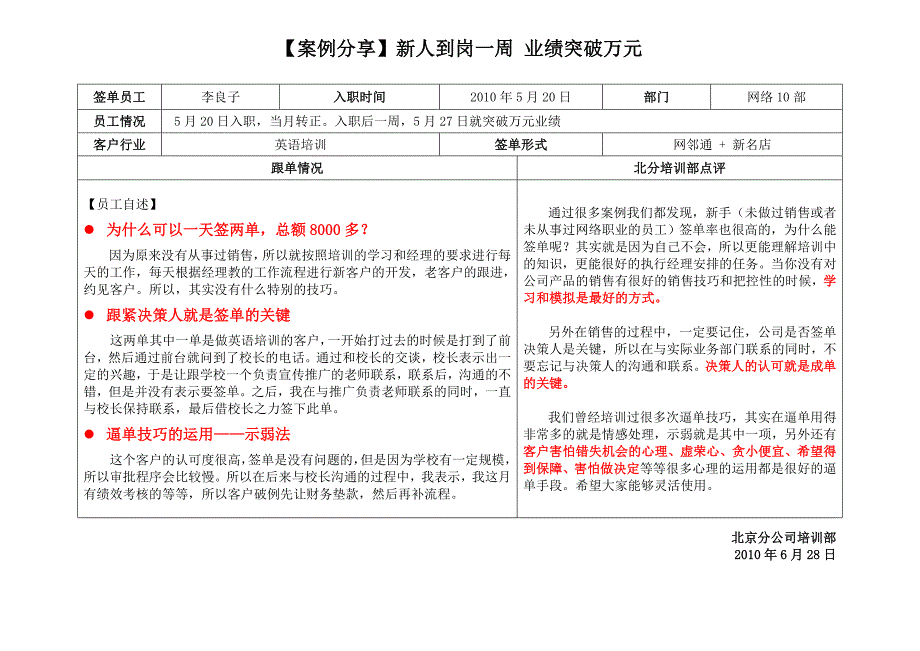 新人到岗一周 业绩突破万元 58同城北京分公司案例分享_第1页