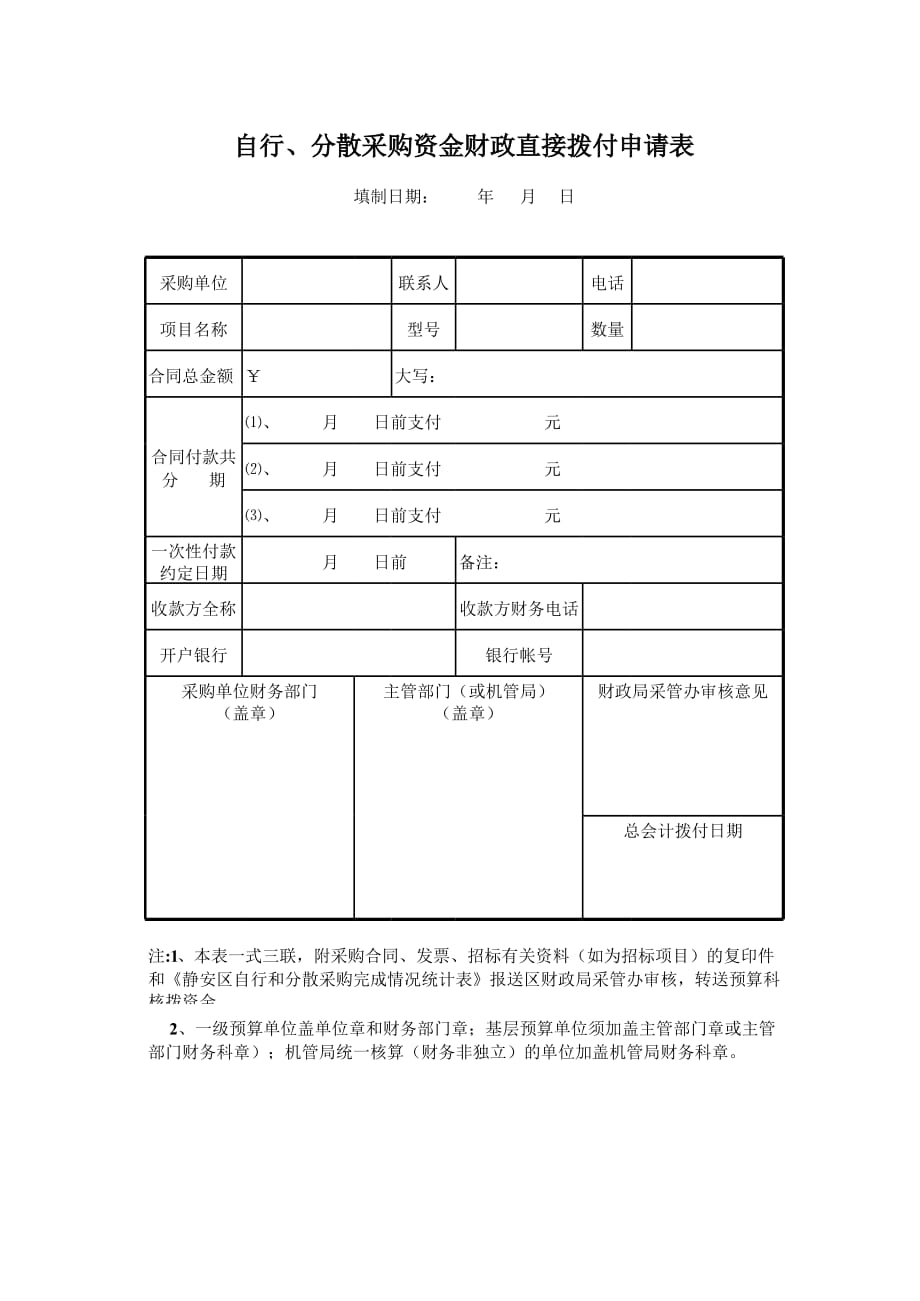 新版区自行、分散采购资金财政直接拨付申请表（表格模板）_第1页