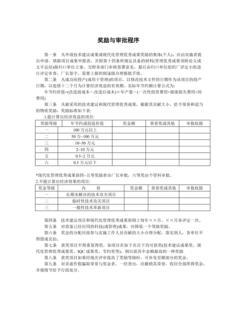 奖励与审批程序（企业技术改进与合理化建议管理制度）_第1页