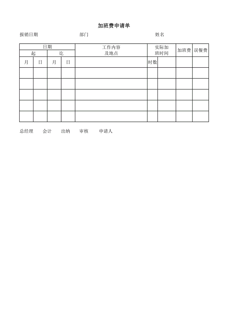 新版加班费申请单（表格模板）_第1页