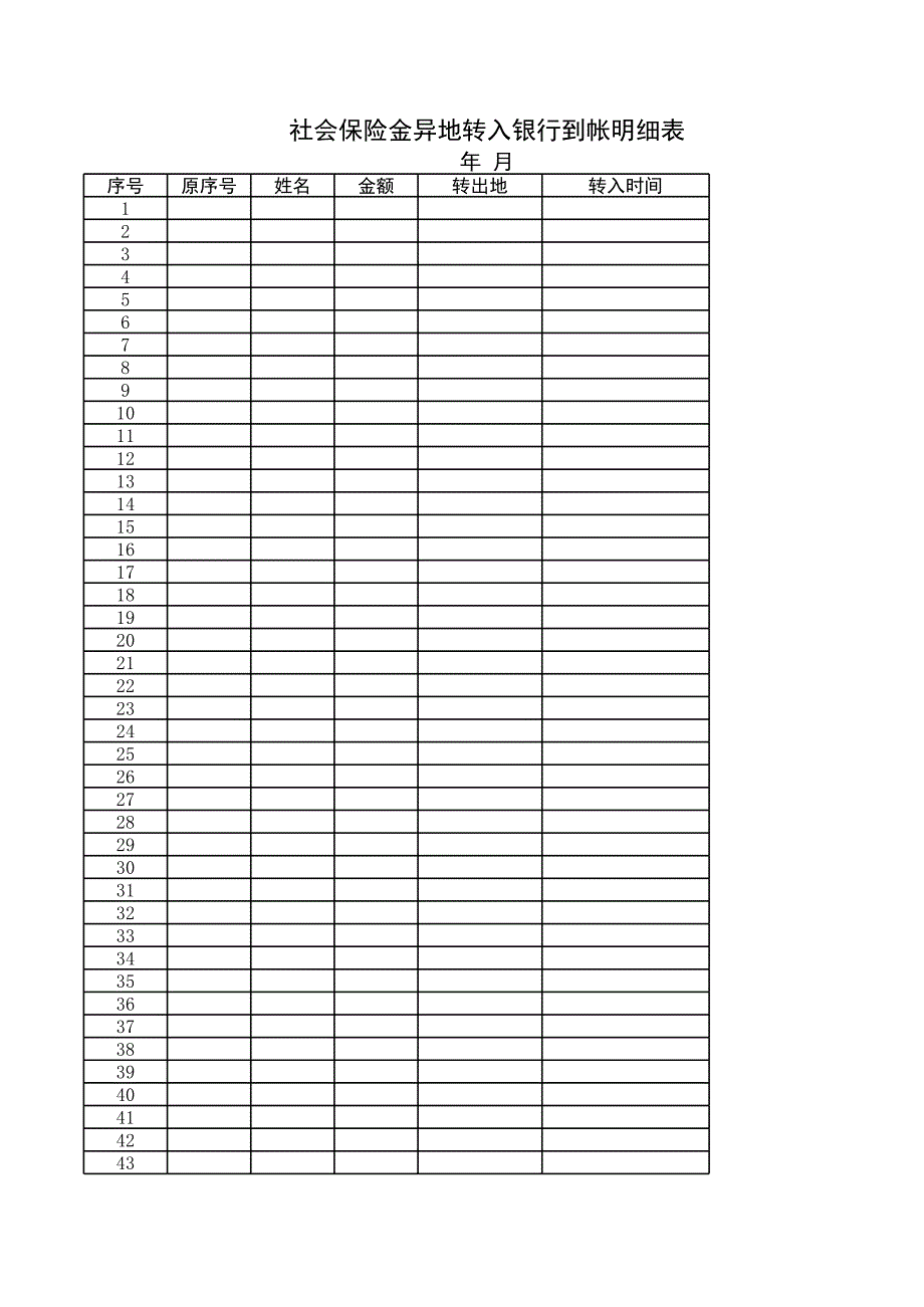 新版社会保险金异地转入银行到帐明细表（表格模板）_第1页