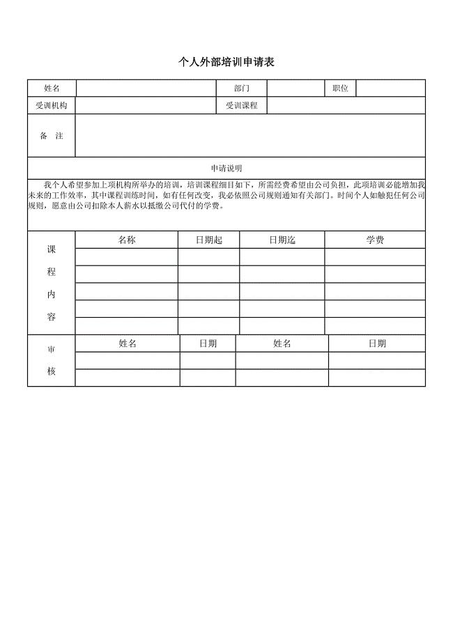 新版个人外部培训申请表（表格模板）