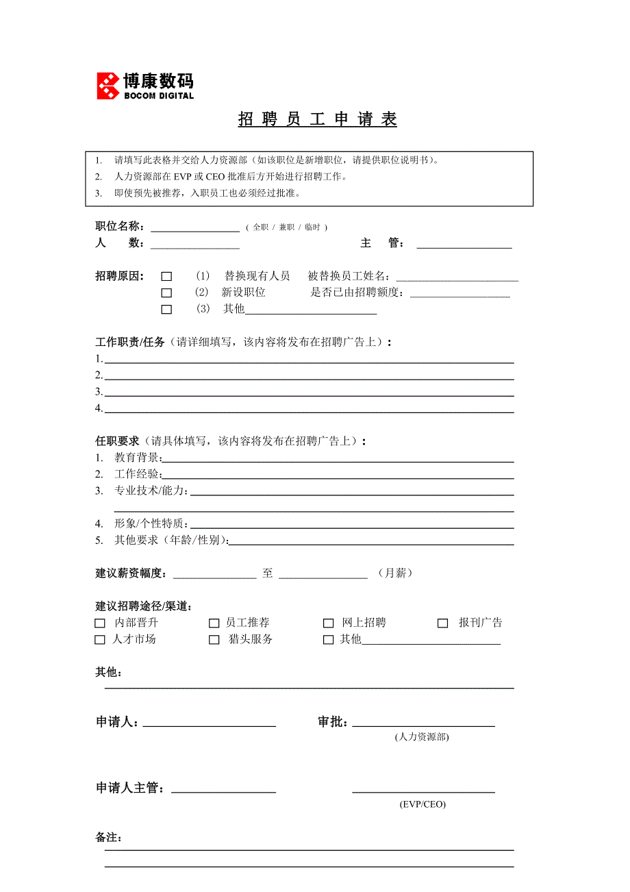 招聘员工申请表（人力资源－员工管理）_第1页