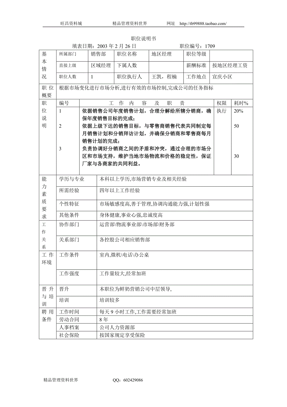 职位说明书2（完达山集团－职位说明文档）_第1页