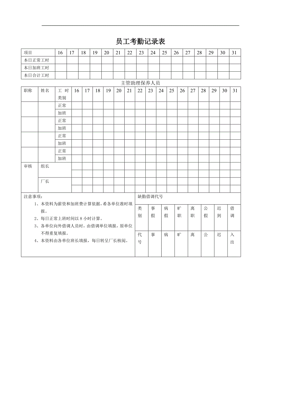 员工考勤记录表(（人力资源－员工管理）_第1页