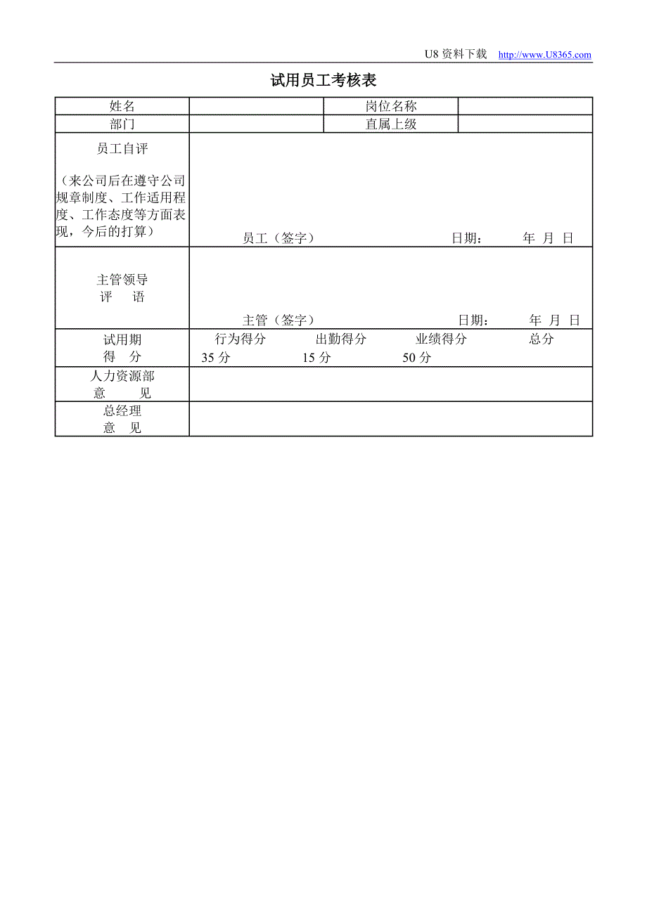 试用员工考核表（人力资源－员工管理）_第1页