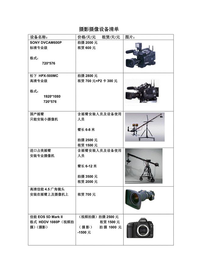 专业摄影摄像设备清单