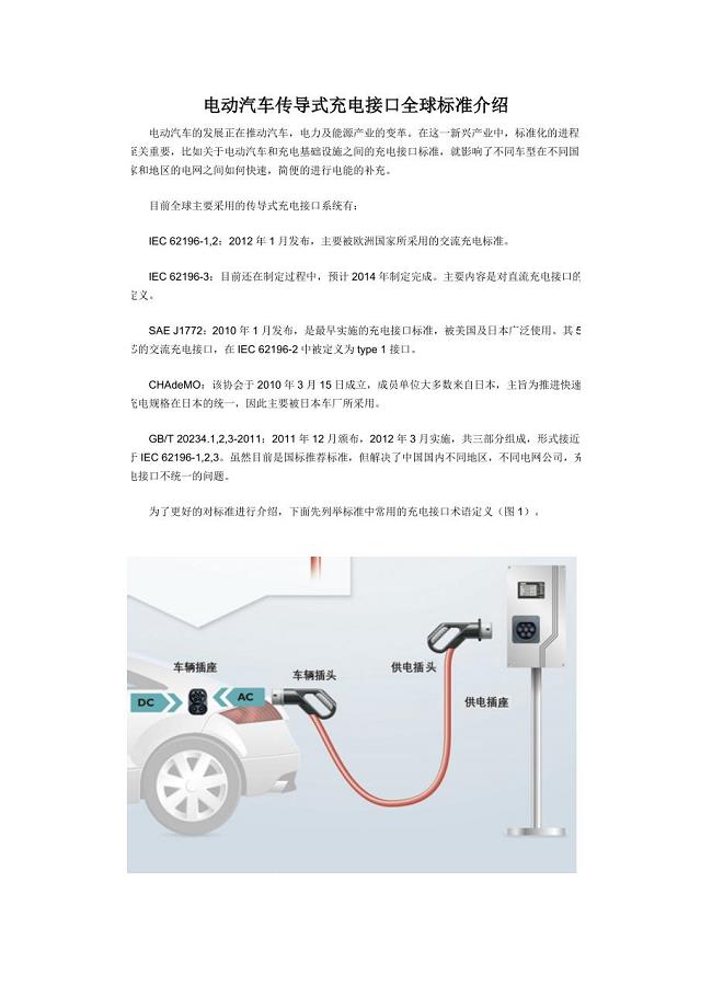 电动汽车传导式充电接口全球标准介绍