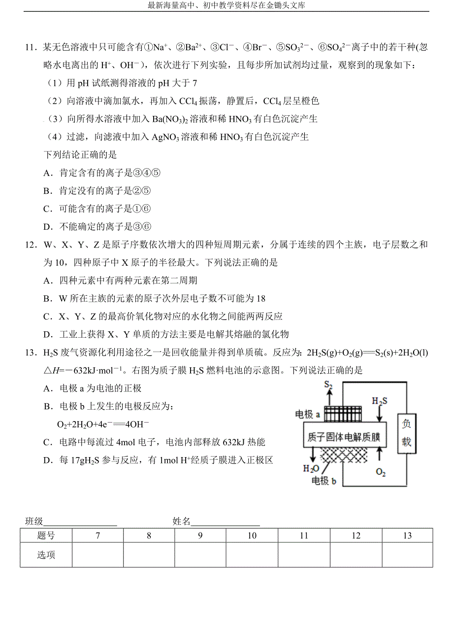 新课标理科综合化学选择题专项训练（6）_第2页