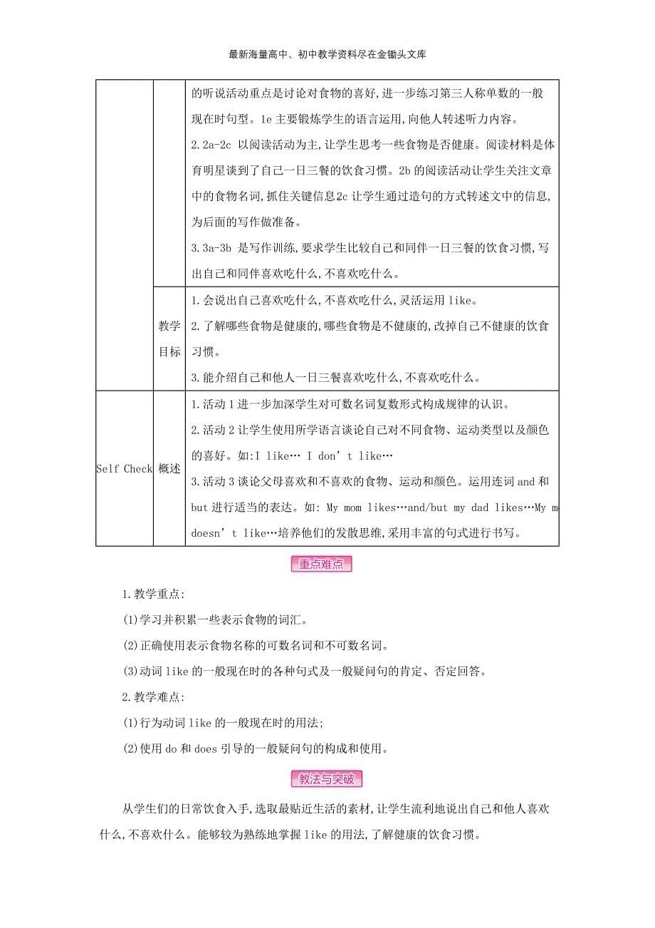 （人教版）2016年秋七年级上 Unit 6 单元极品教案_第5页