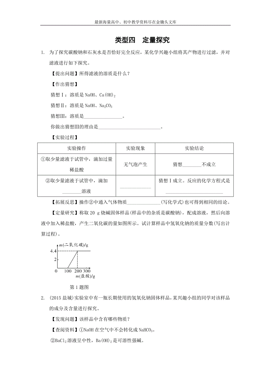 江苏2016中考化学复习讲练 题型三探究性实验类型四 定量探究（解析版）_第1页