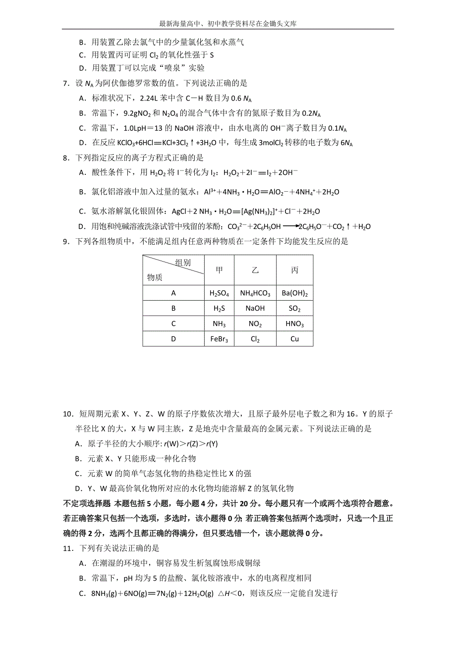 2016高三化学苏教版 午间练习1 Word版_第2页