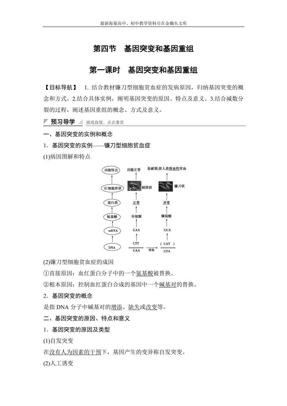 高中生物（苏教版必修二）学案文档 第四章 第四节 第一课时 基因突变和基因重组_第1页