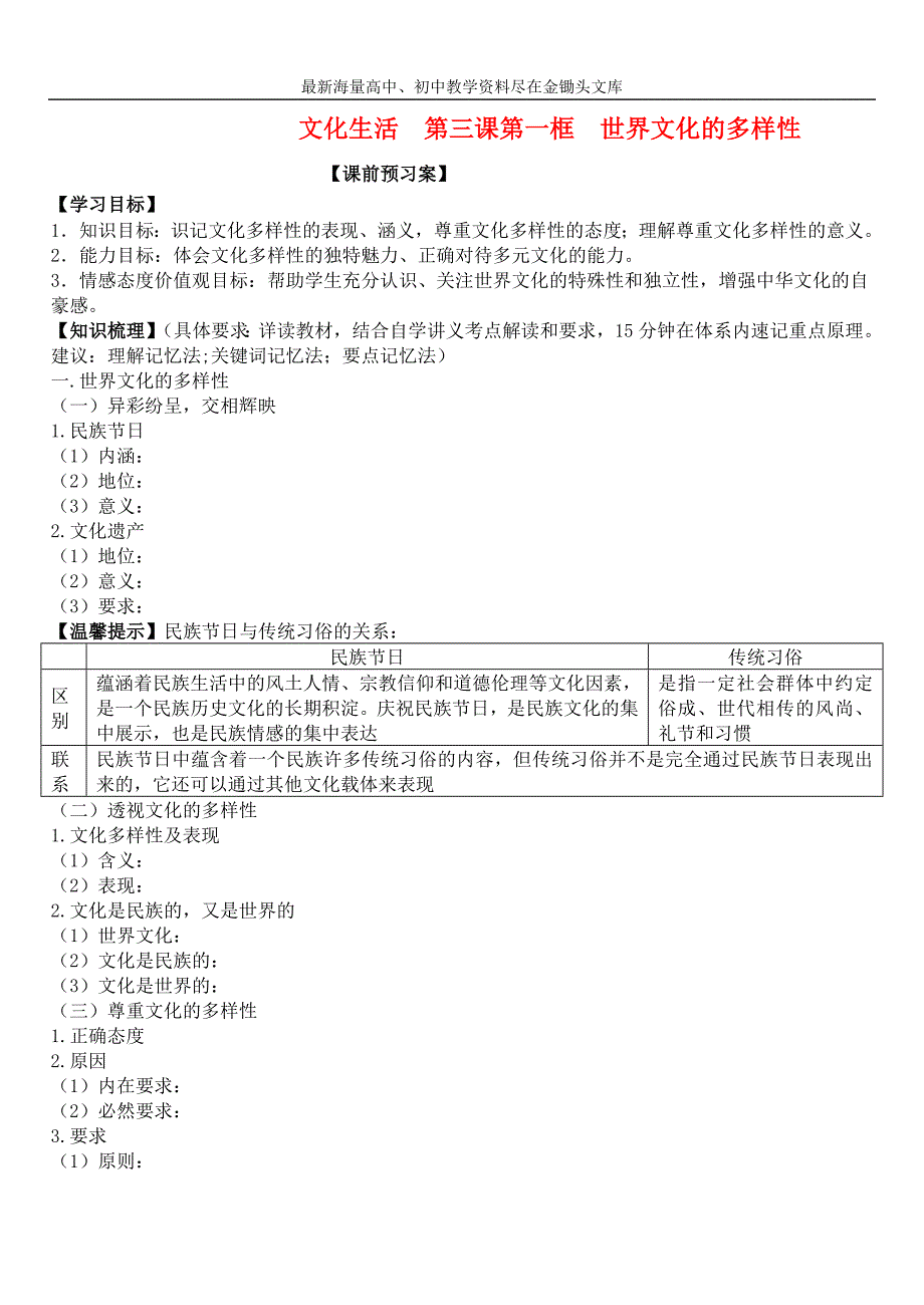 高中政治 第三课 第一框 世界文化的多样性学案 新人教版必修3_第1页