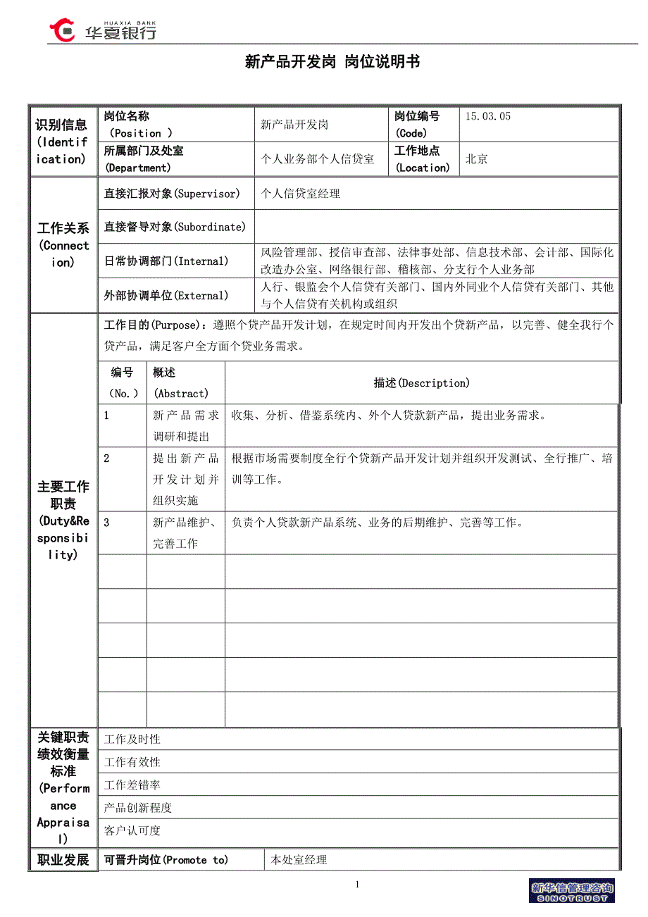 华夏银行个人信贷室－新产品开发岗位说明书_第1页