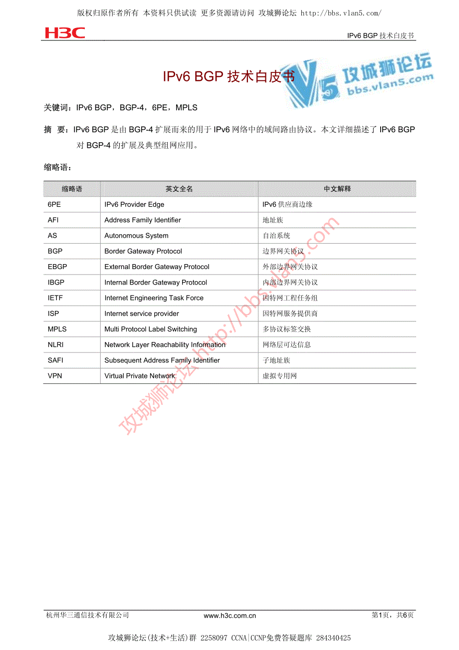 华为技术官方讲解_IPv6 BGP技术白皮书_第1页