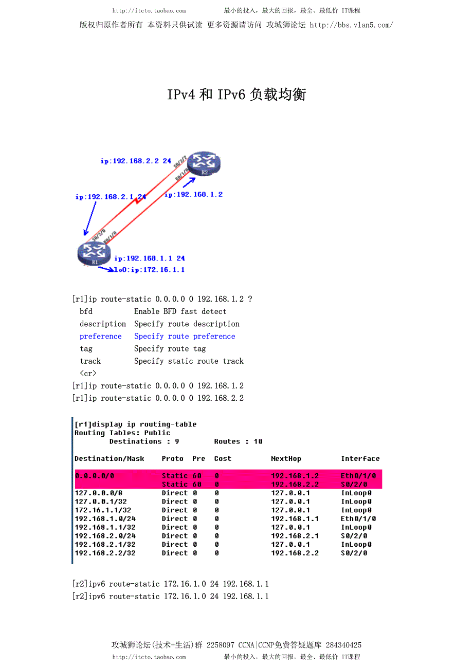 H3C实验报告 12 IPv4和IPv6负载均衡_第1页