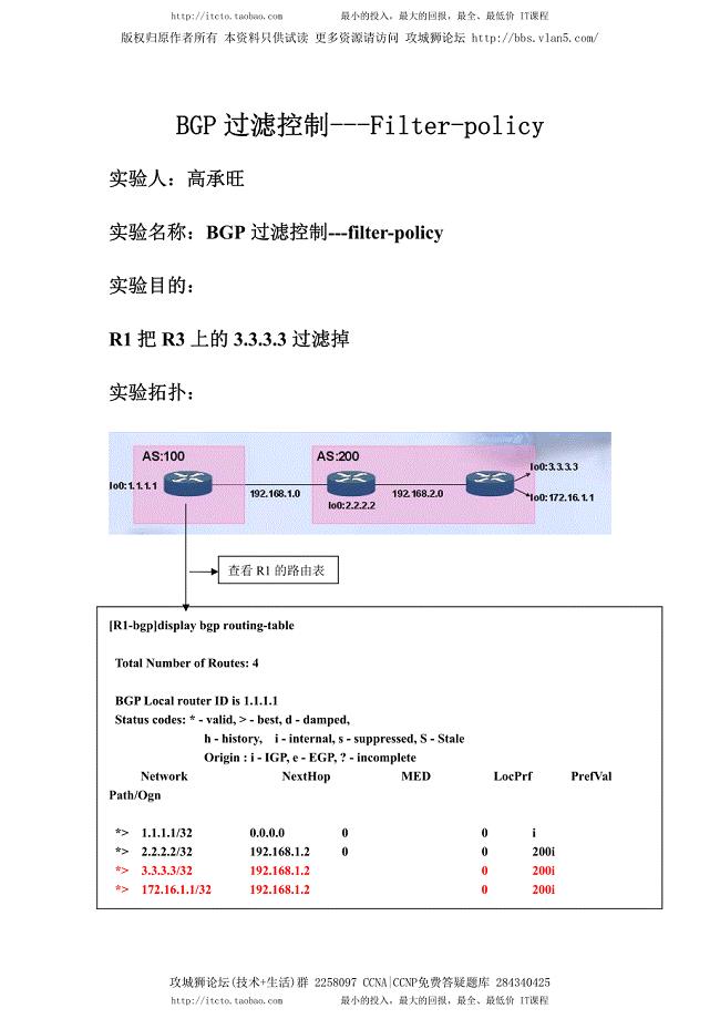 H3C实验报告 16.2 BGP filter policy