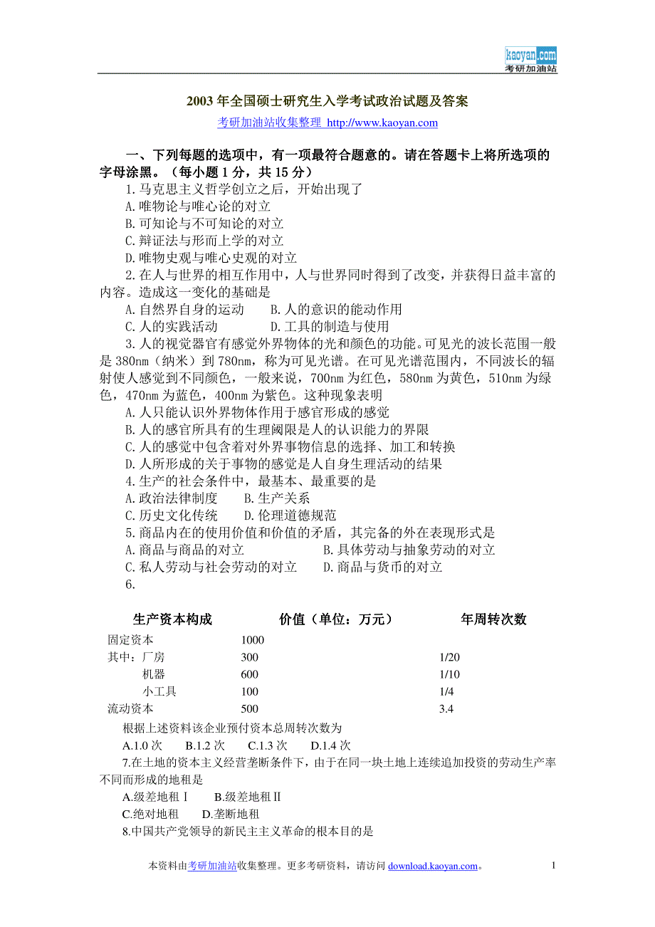 2003年全国硕士研究生入学考试政治理论试题及答案_第1页