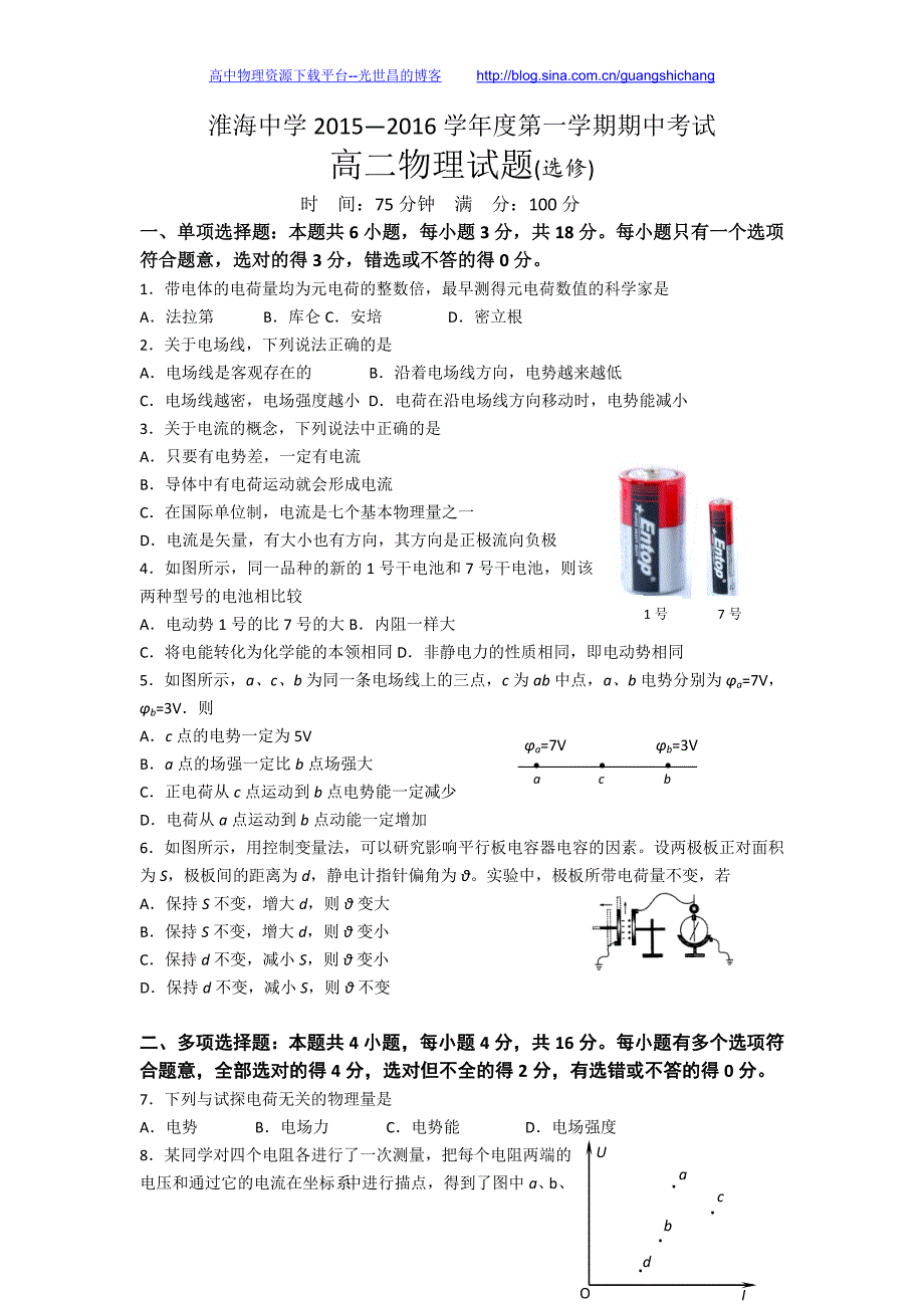 物理(选修)卷2017年江苏省淮安市淮海中学高二上学期期中考试试题（2015.11）_第1页