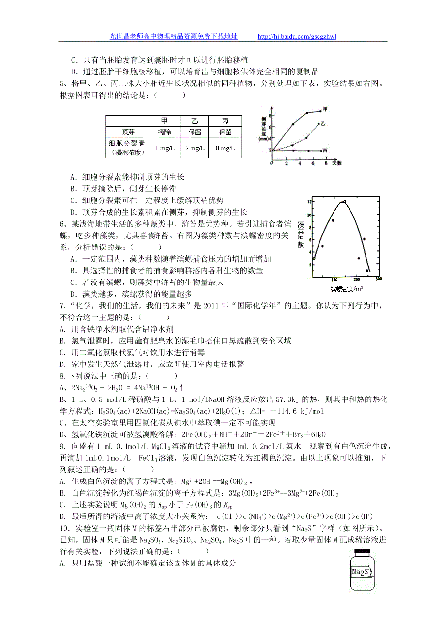 2012年浙江省高三上学期测试卷理综试题_第2页