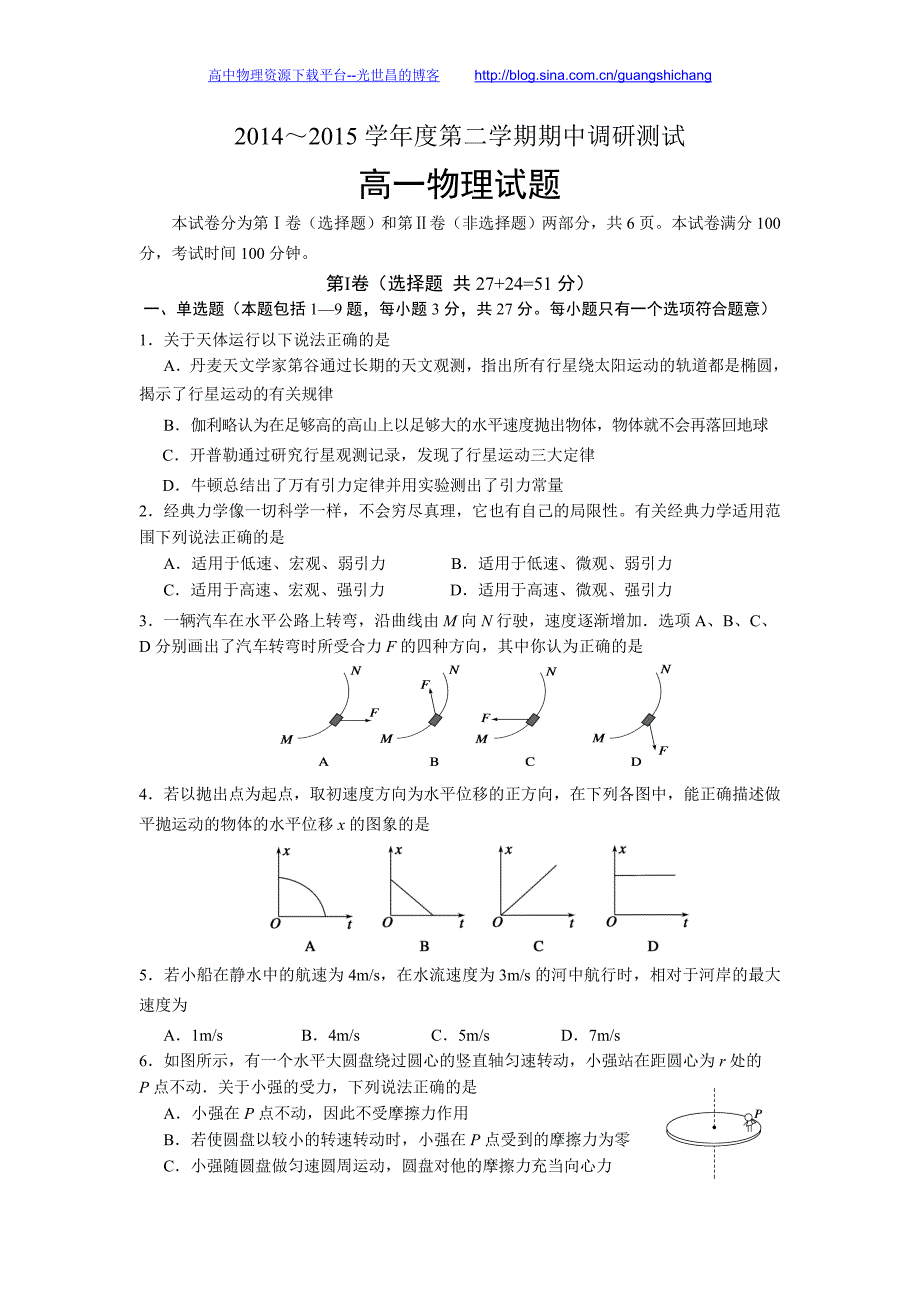 物理卷2017年江苏省宿迁市高一下学期期中考试 （2015.04）_第1页